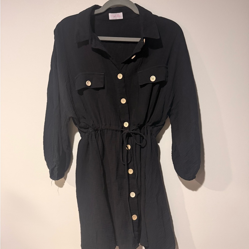 Pink Lily Charcoal Black Button-Up Blouse